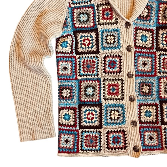 Ralph Lauren Sz S Vintage 1996 Crochet Patchwork Lambswool Cardigan Sweater - Picture 3 of 13